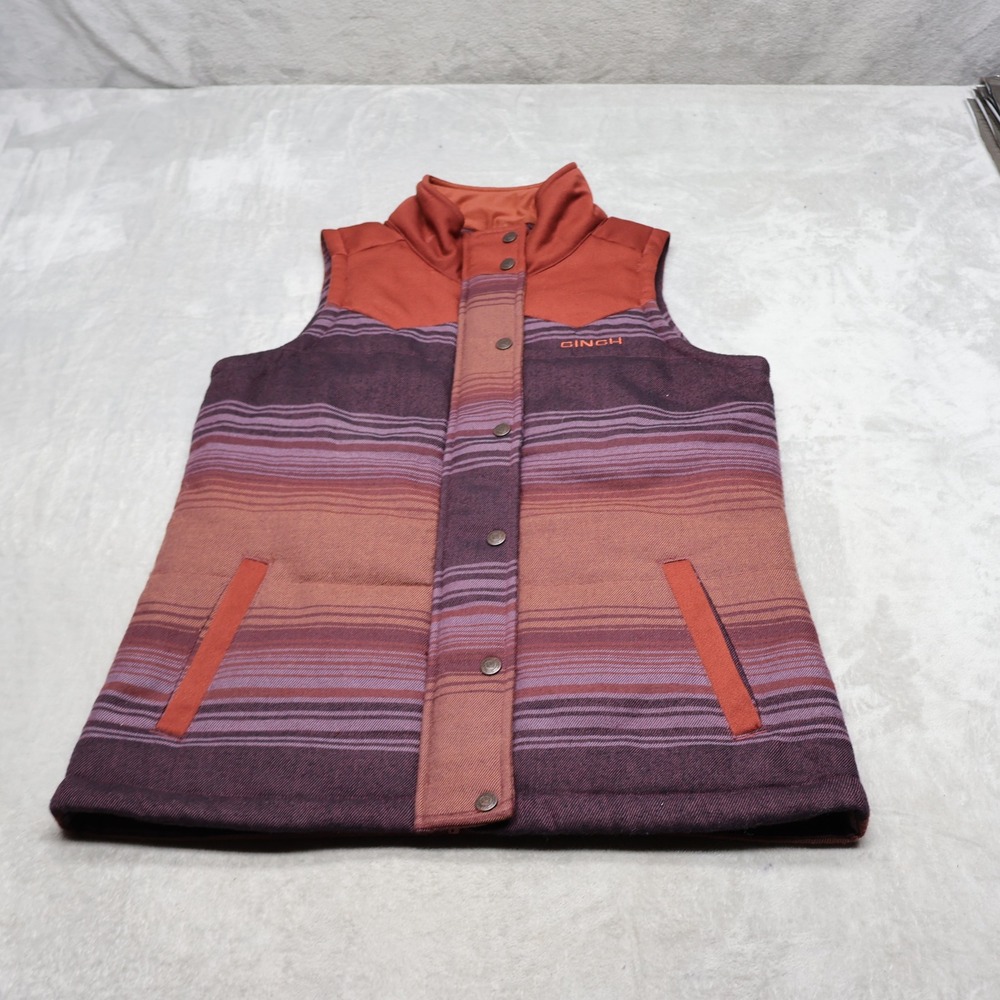 Cinch Vest Womens Medium Red Striped Southwestern Rugged Casual Snap Zip Front